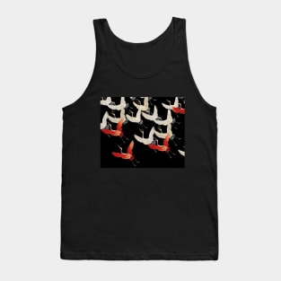 FLYING RED WHITE CRANES IN BLACK Japanese Pattern Tank Top